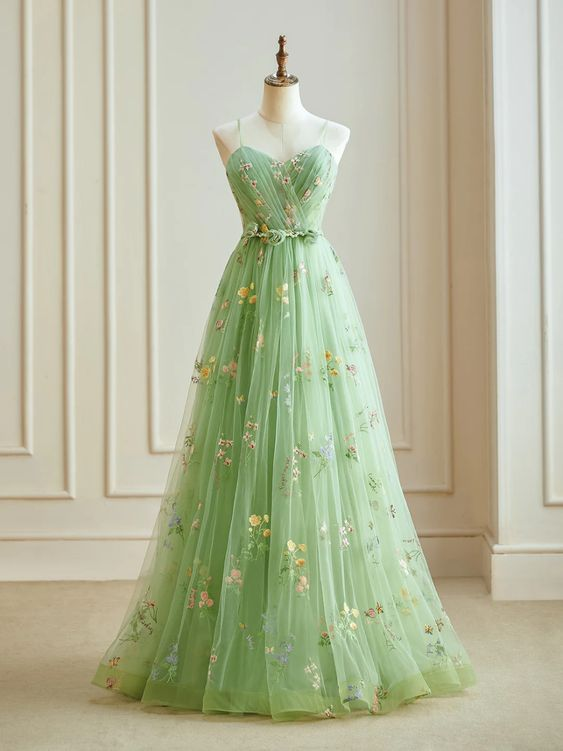 Light Green Tulle Floral Sleeves Long Party Dress, A-line Straps Prom Dress