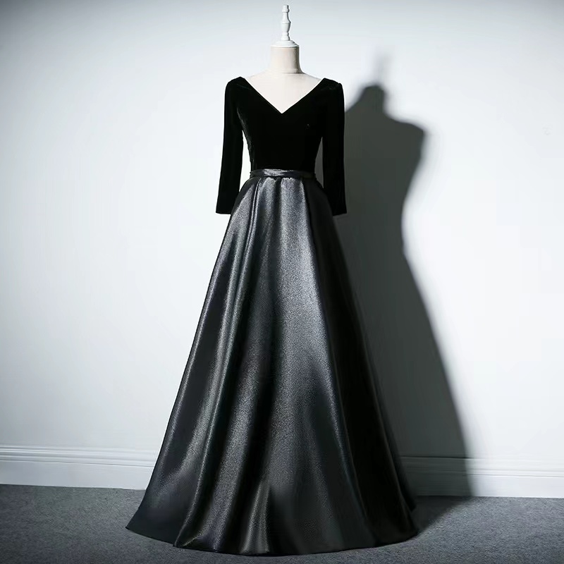 Long Sleeve Velvet And Satin Evening Dress V-neck Black Dress Formal Wedding Guest Dress