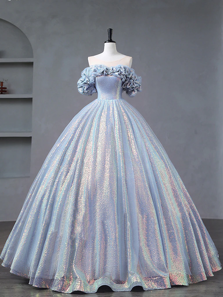 Off Shoulder Light Blue Shiny Party Dress Sweet 16 Dress Luxury Quinceanera Dress