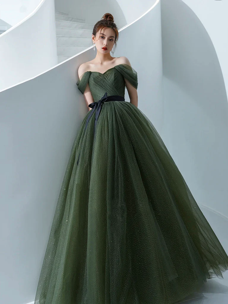 Off Shoulder Formal Dress Dark Green Fairy Prom Dress