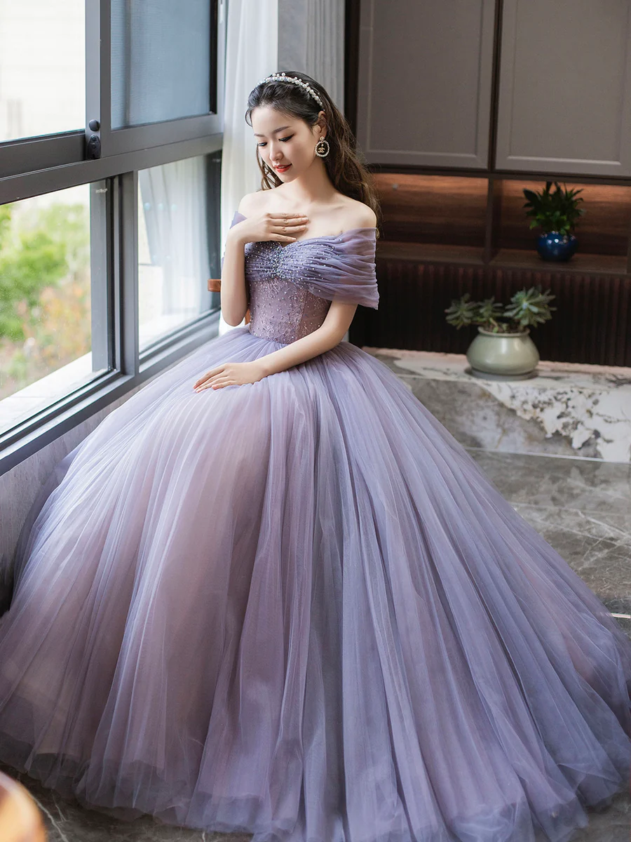 Off Shoulder Formal Purple Dress Dream Prom Dress Sweet 16 Dress White Bead