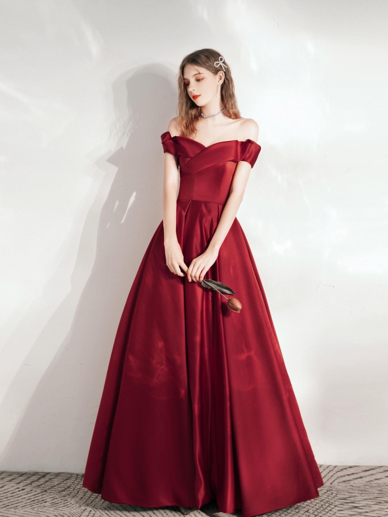 Burgundy Prom Dress Off Shoulder Elegant Satin Evening Dress