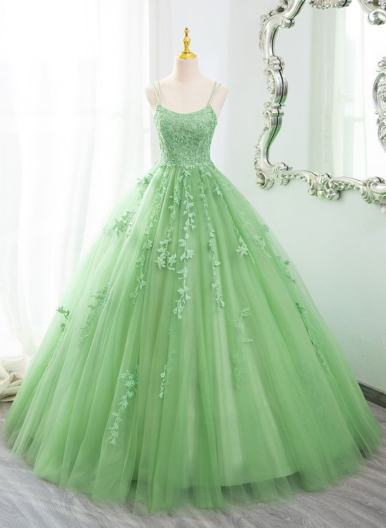Spaghetti Strap Prom Dress ,fresh Lace Evening Dress Sweet 16 Light Green Ball Gown Dress