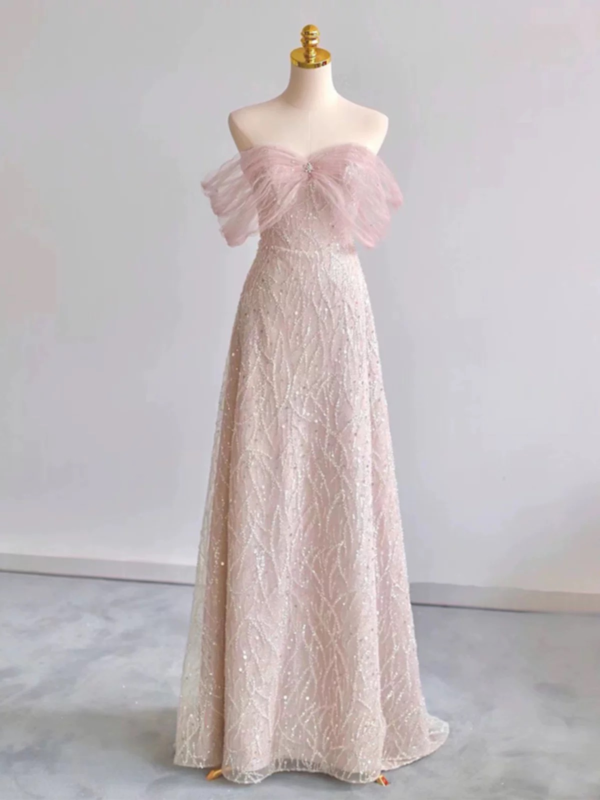 Pink Prom Dress Off Shoulder Fairy Evening Dress Luxury Shinny Party Dress