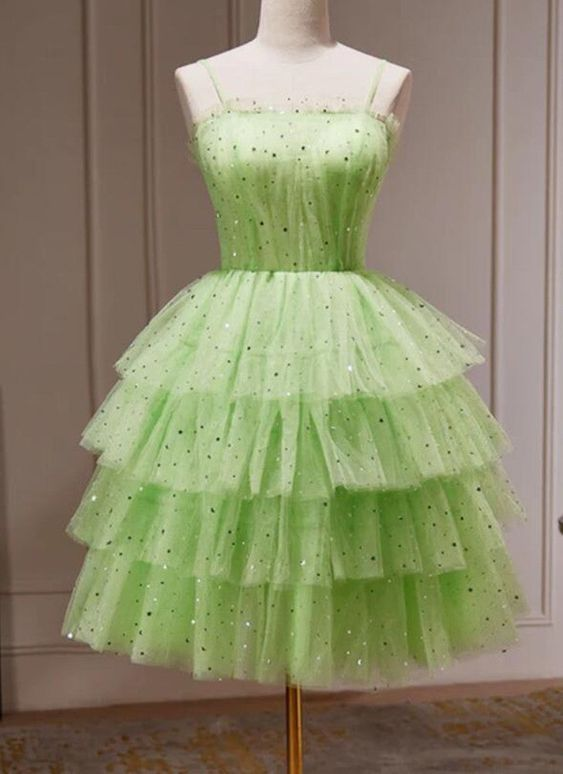 Spaghetti Strap Prom Dress ,green Party Dress Cute Cake Party Dress