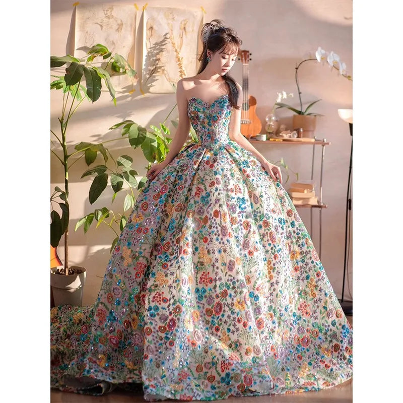 OKBBN Strapless Long Flash Printed Flower Ball Dress