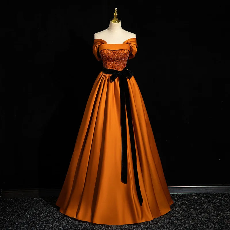 Elegant Off-shoulder Orange Gown With Black Sash on Luulla