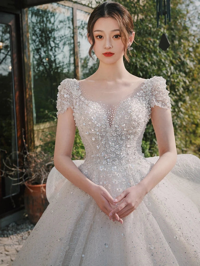 Elegant Off-shoulder Beaded Bridal Gown With Sleeves on Luulla