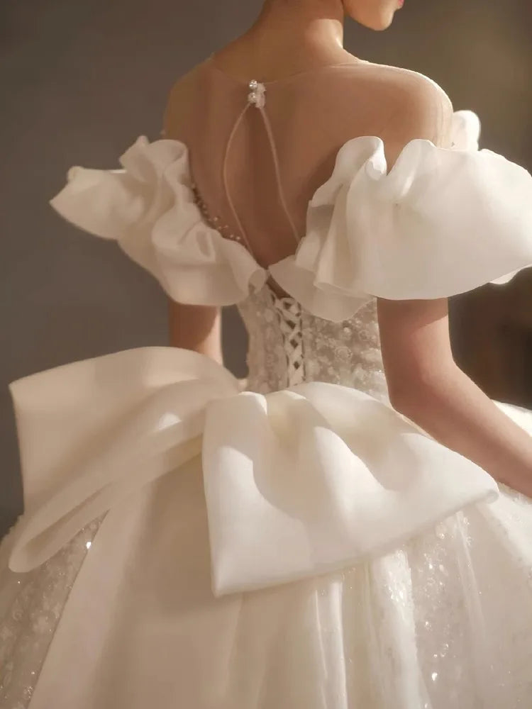 White Off-The-Shoulder Ruffle Back Bridal Gown