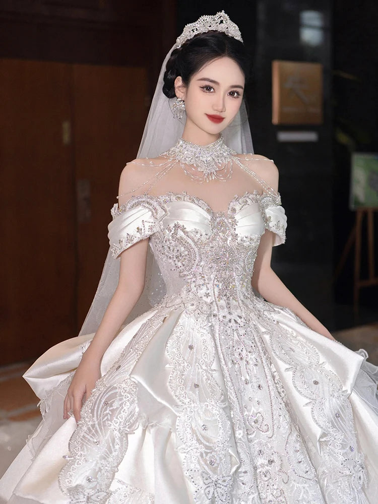Elegant Off shoulder Crystal Beaded Bridal Gown With Veil on Luulla
