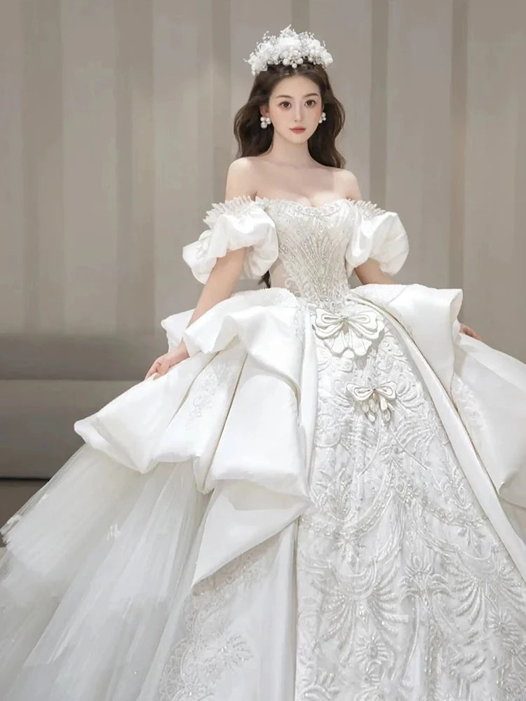 off the shoulder embroidered wedding dress Colorful Off Shoulder Wedding Dress with Embroidered Flowers