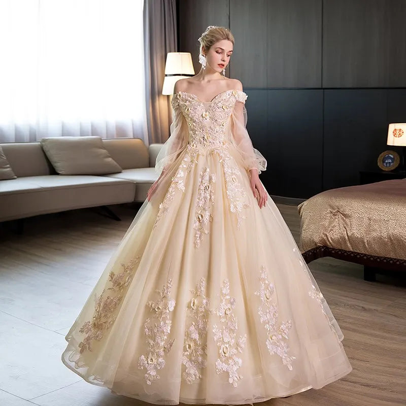 Off-the-Shoulder Ball Gown with Beaded Bustier and High Slit Dark Green main image 1