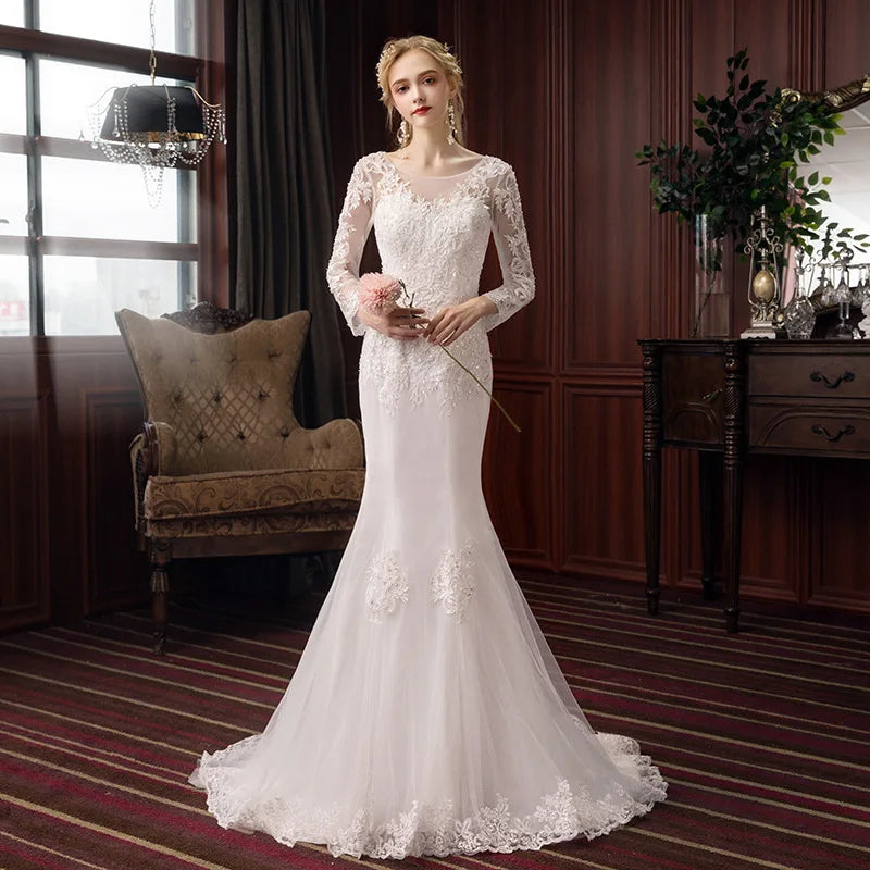 Elegant Surplice Long Sleeve Mermaid Long Wedding Dress