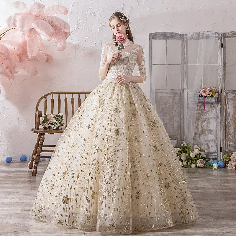 Elegant Long-sleeve Floral Embroidered Bridal Ball Gown