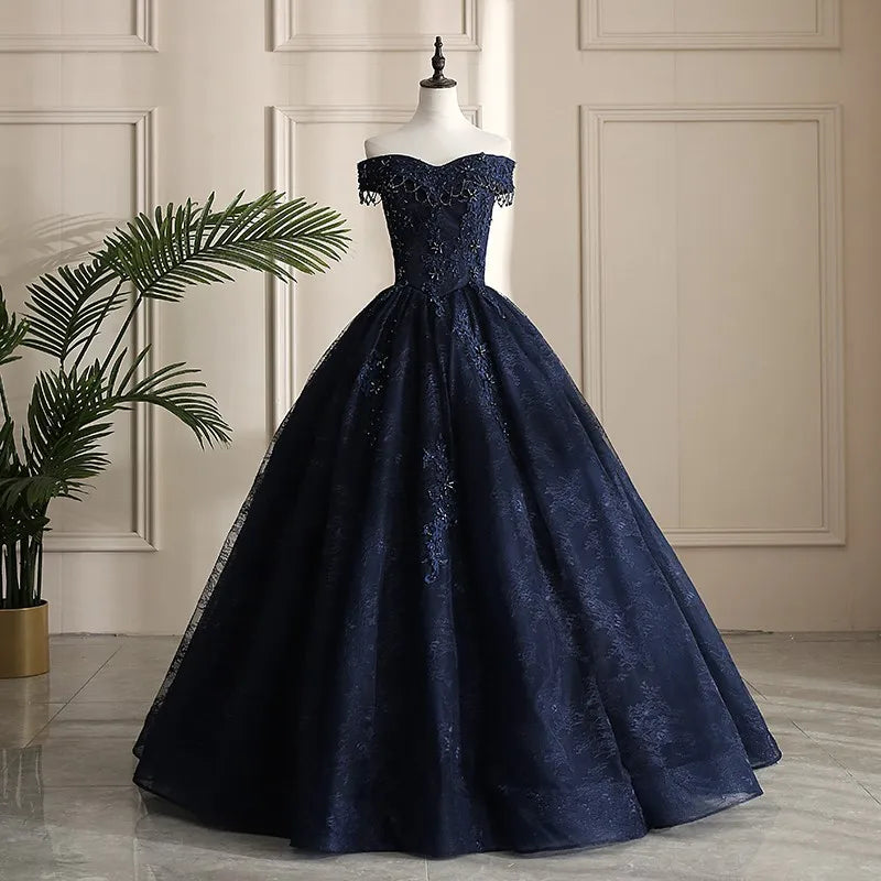 navy blue lace dress off the shoulder A-Line Off Shoulder Tulle Lace Dark Blue Long Prom Dress, Dark Blue Long Evening Dress US 12 / Dark Blue