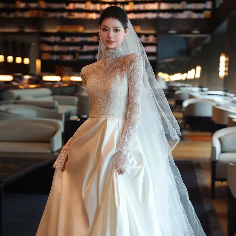 Affordable Two Piece Long Sleeved Lace Top Wedding Dress with Hi-Lo Skirt Wedding Dress main image 1
