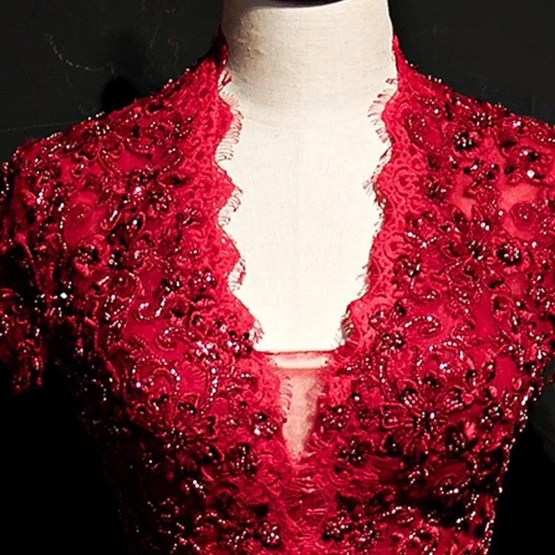 Long Full Length Gown with V Neckline-Red main image 1