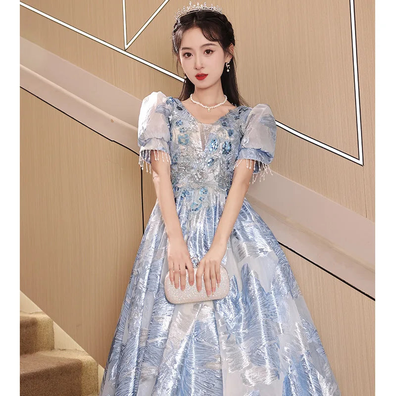 Elegant Blue Floral Tulle Evening Gown With Sleeves on Luulla