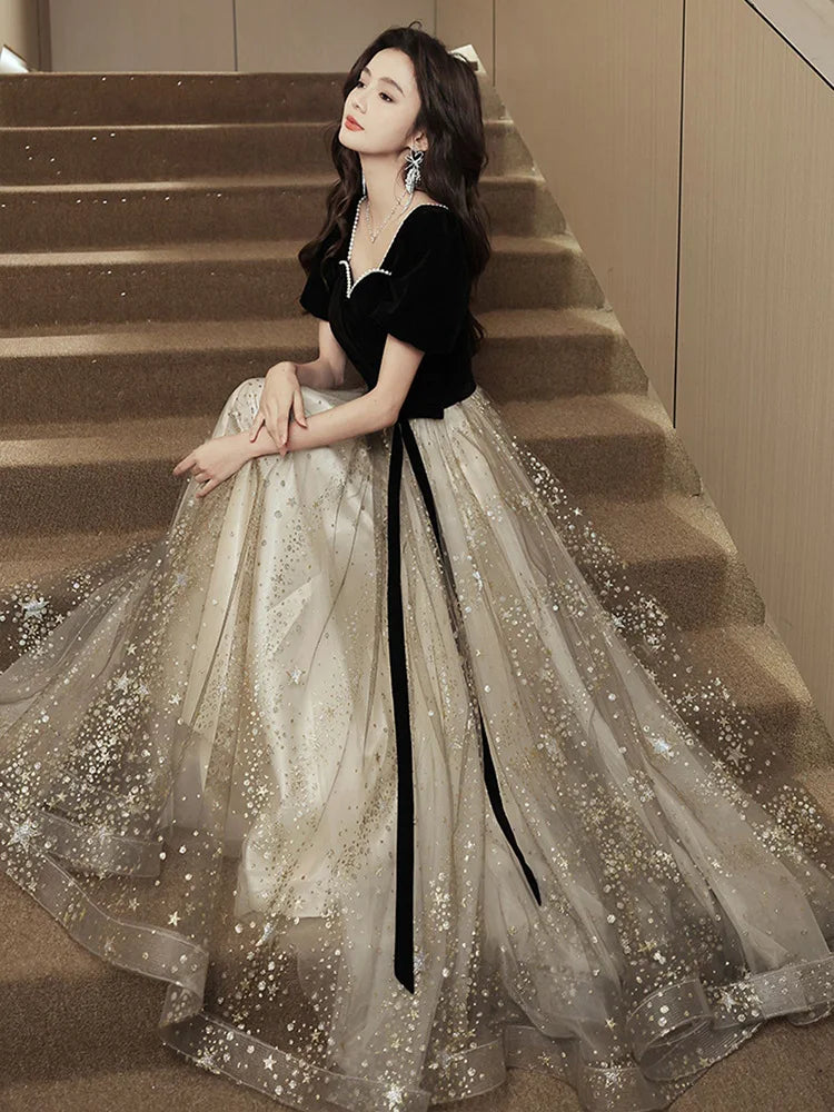 Elegant Velvet Top Sequin Tulle Evening Maxi Dress