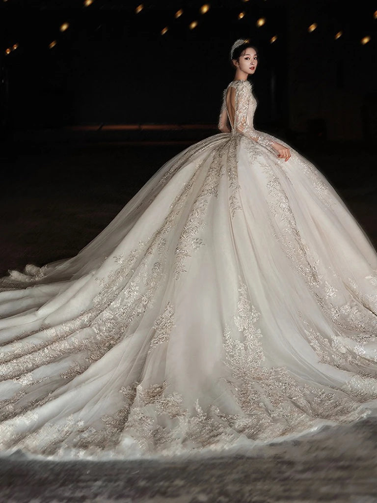 Glamourous Beaded Gown With Detachable Veil - Beige
