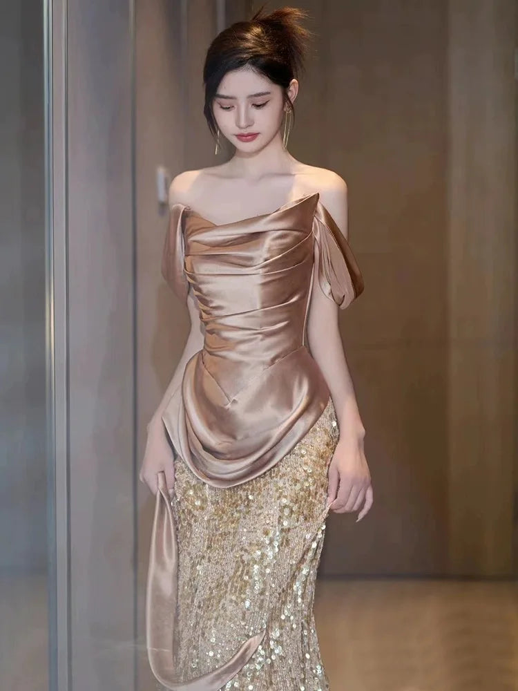slim fit dress slacks Rose Gold Off-Shoulder Sequin Mermaid Gown – Elegant Formal Evening Dress main image 0