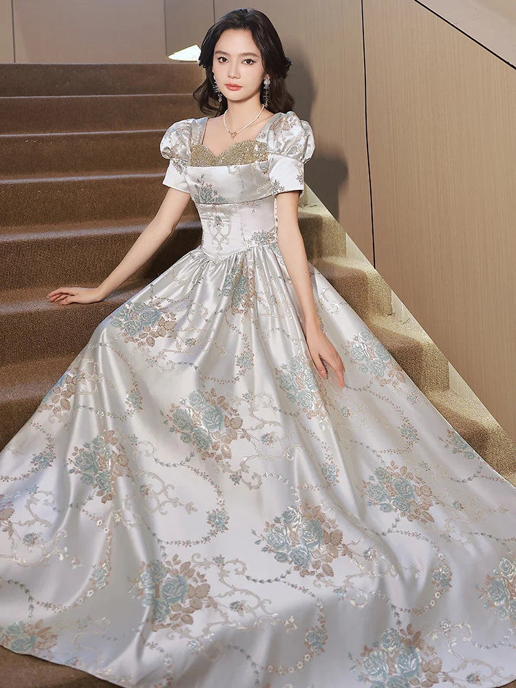 embroidered satin wedding dress Replacement Printing Buttoned Back Aline Wedding Dress main image 0