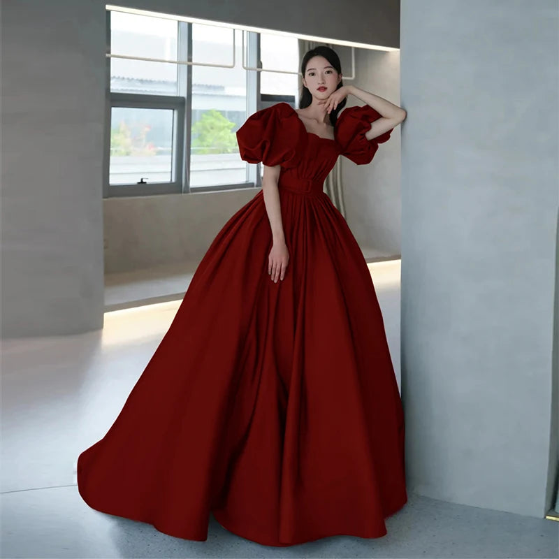 red off shoulder puff sleeve dress VIPGIRL Red Women Off Shoulder Satin Puff Sleeve Design Makes You Look Slim  And Long-Legged, High-End Evening Dress