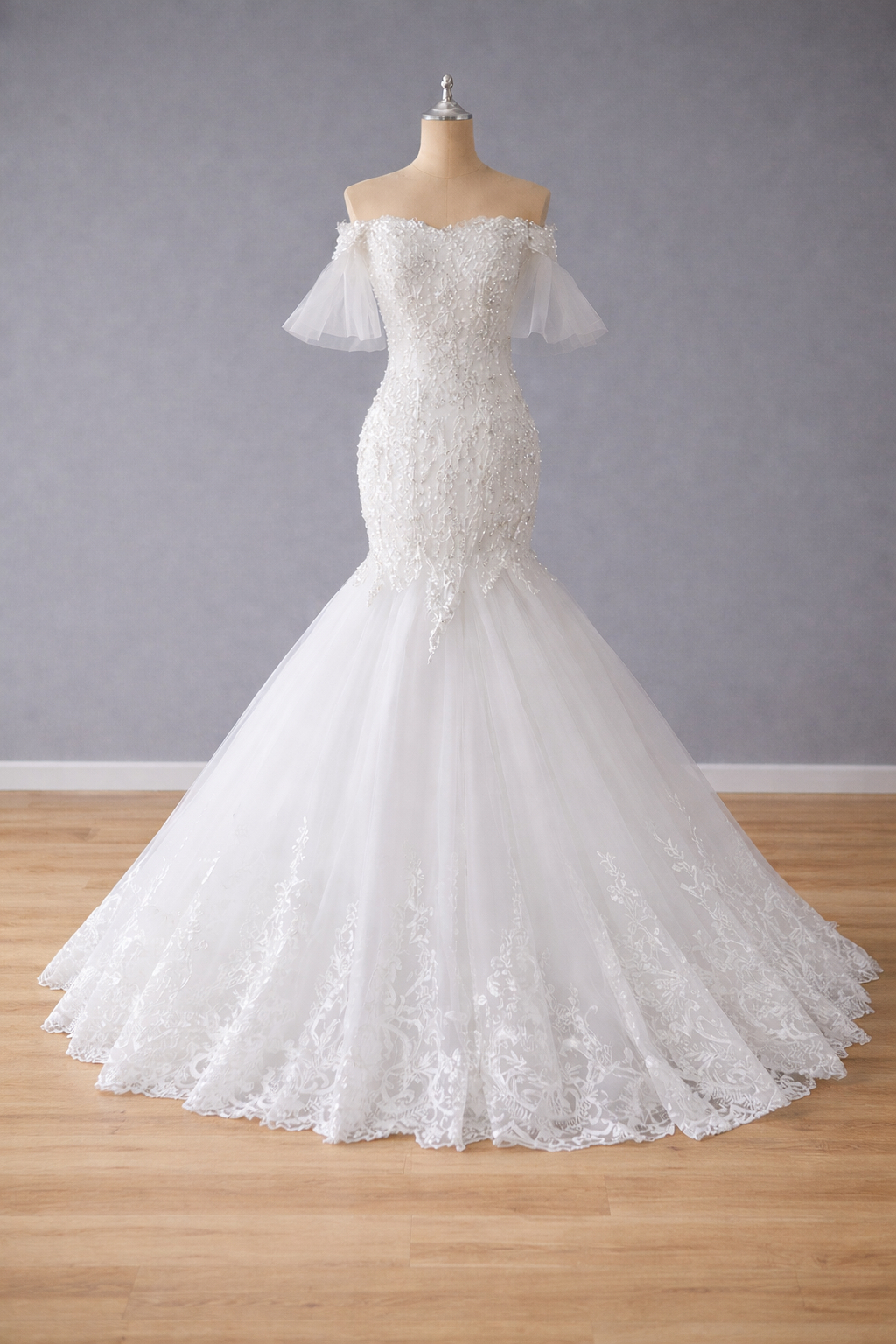 beaded lace off-the-shoulder mermaid wedding dress GLS Glitter Mermaid Long Wedding Gown - Off Shoulder - White - Size XL
