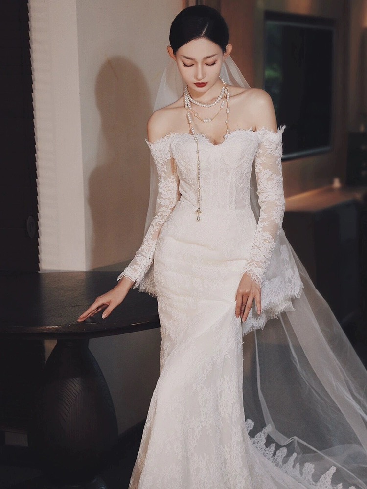 Long Sleeve Tulle Wedding Dress, Off-shoulder Wedding Dress,luxury Mermaid  Lace Dress on Luulla