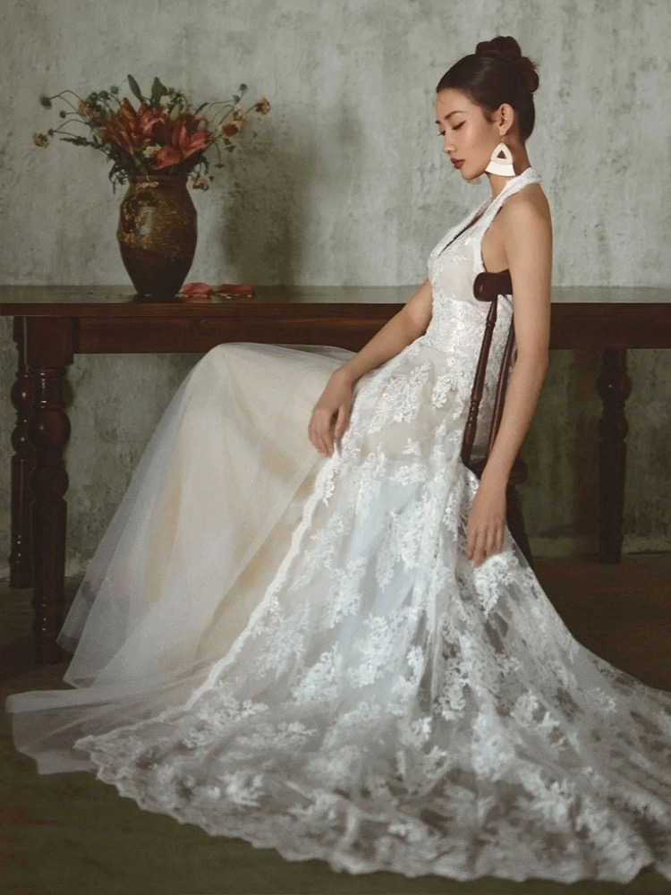 sachin and babi light blue dress Vintage Halter Neck Lace Wedding Dress: Boho Bridal Gown main image 0