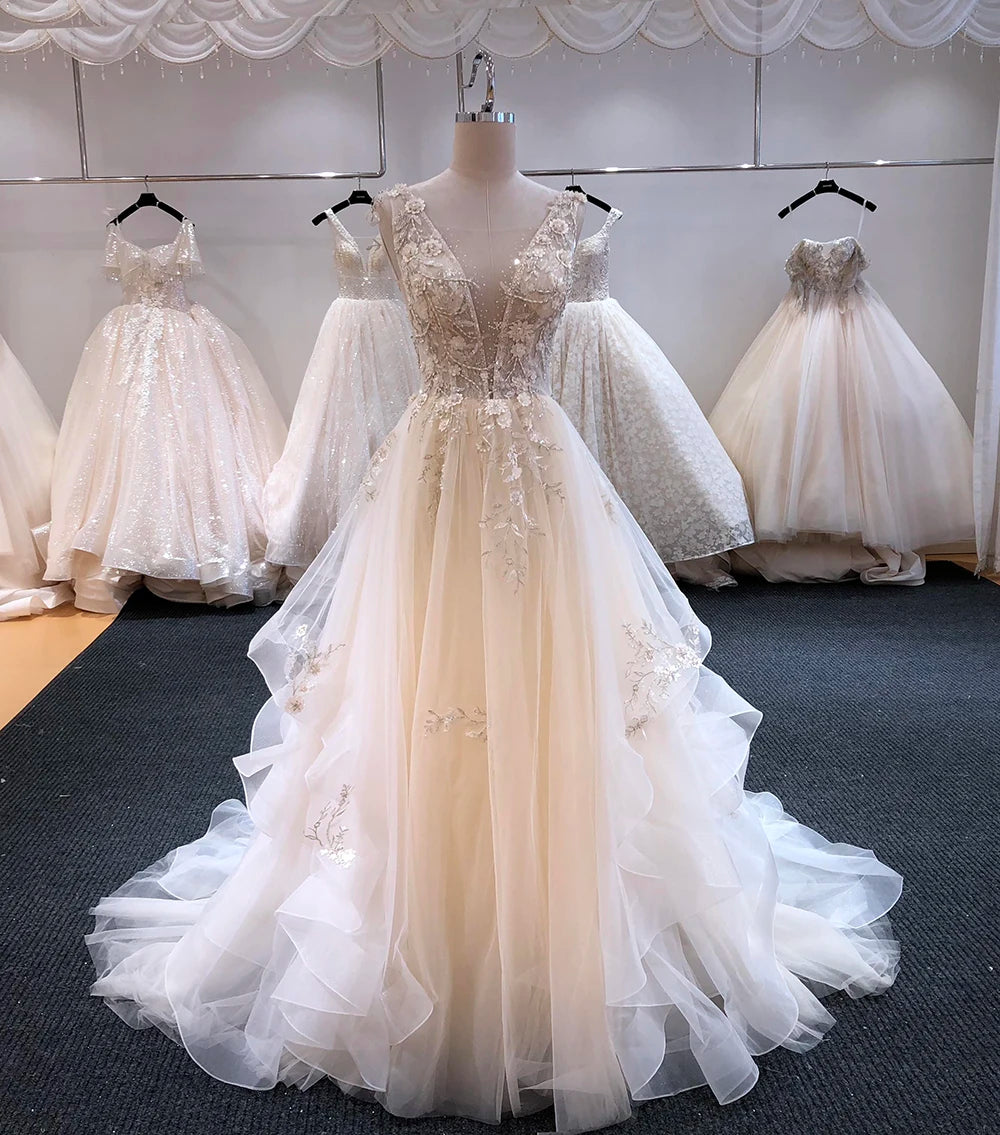 Handmade Unique V Neck Tulle Lace Long Bridal Dress