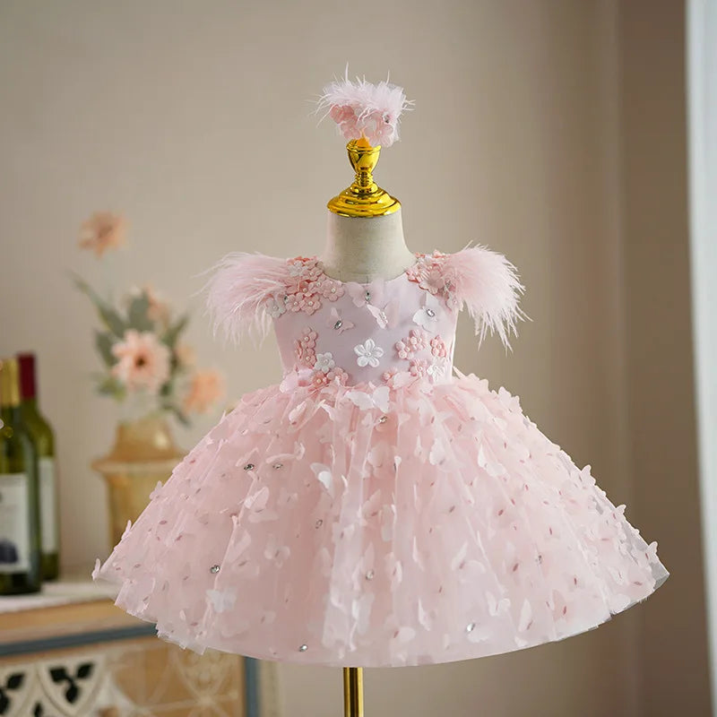Elegant Pink Floral Feather Party Dress