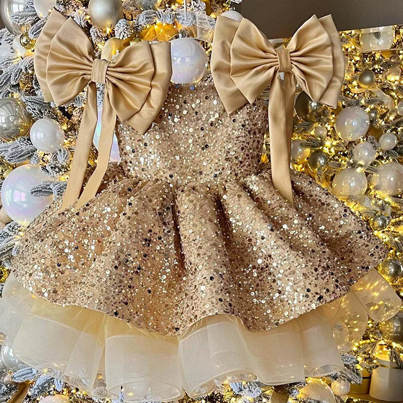 Sparkling Gold Sequin Dress With Big Bows