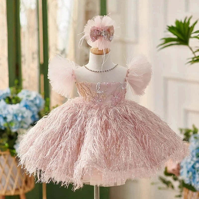 Elegant Pink Feathered Toddler Girls Party Dress