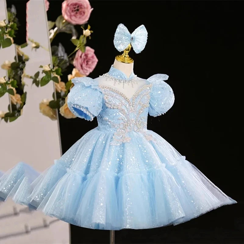 slim fit dress slacks Girls Blue Sequined Dress Flower Girl Wedding Dress Puffy Princess Dr –  marryshe