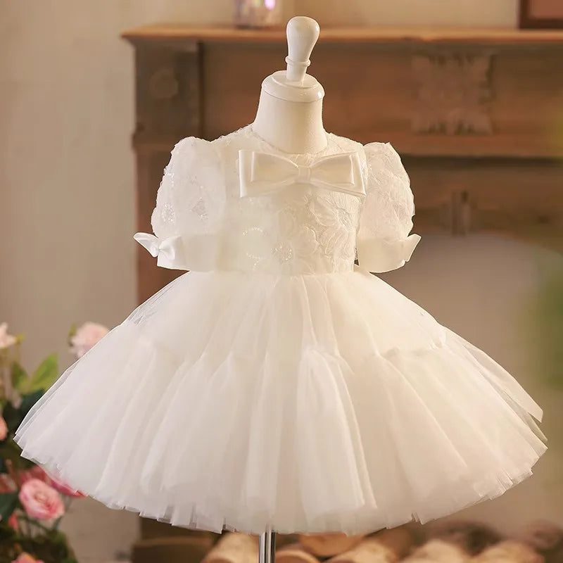 White Satin Lace waist Flower Girl Dress