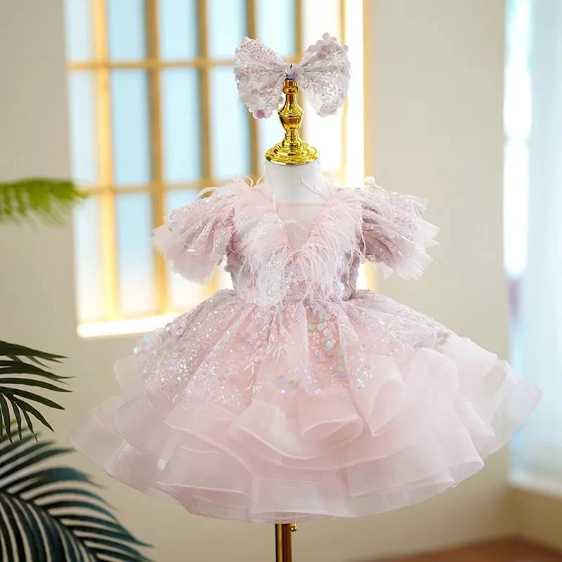 Fluffy Pink Sequin Dress With Hair Bow