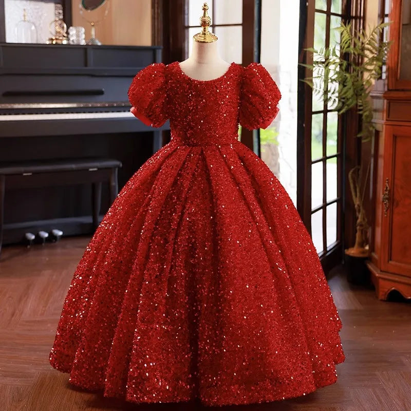 fitted lace wedding dress Sequin Puff Half Sleeve Waist Tie Flare HilowDress – Mintha's Shoe Boutique