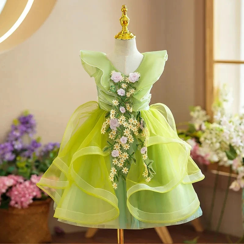 Girls Floral Fairy Princess Green Party Dress