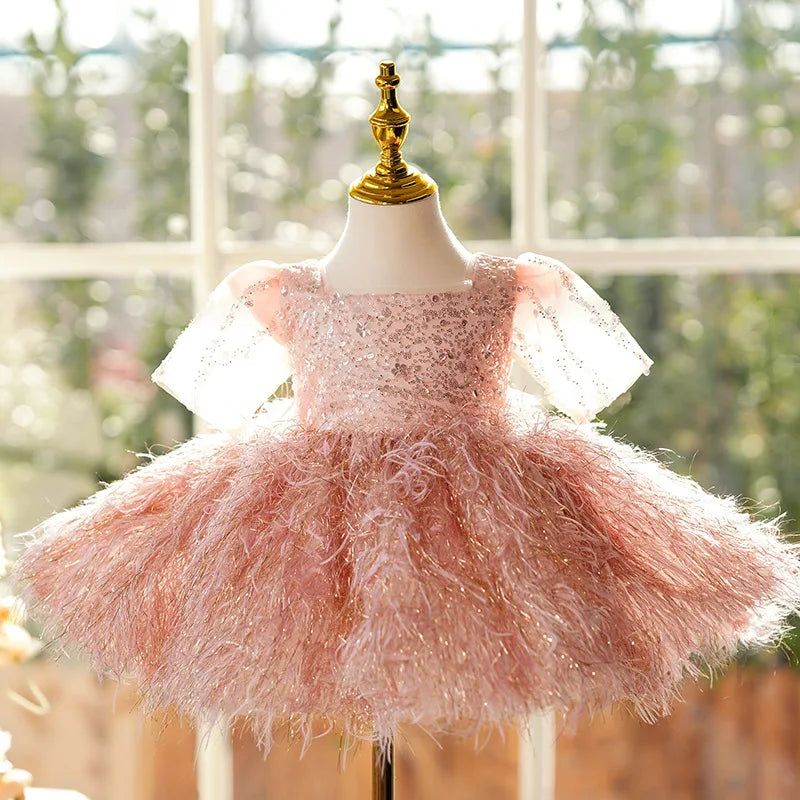 Pink Feathered Tulle Sequined Toddler Party Dress