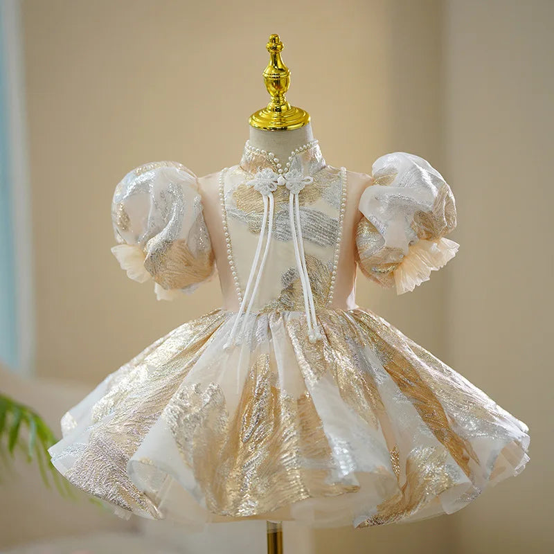High Neck Flower Girl Dress With Puffy Sleeves And Gold Detail