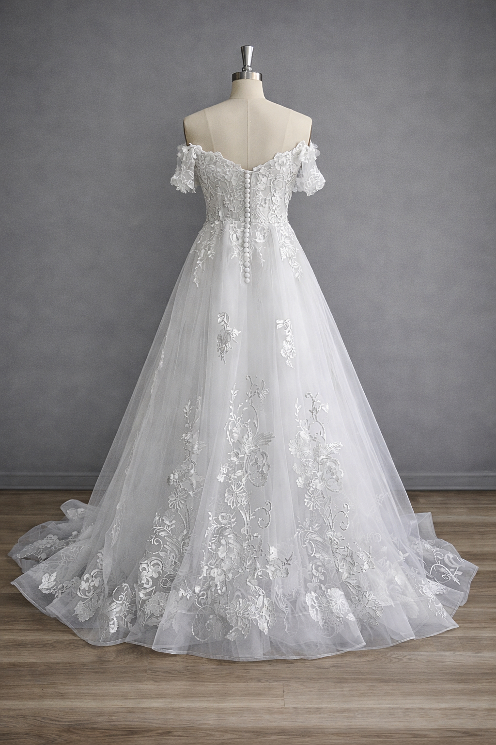 Ivory Off Shoulder Lace Applique Tulle A Line Wedding Dress on Luulla