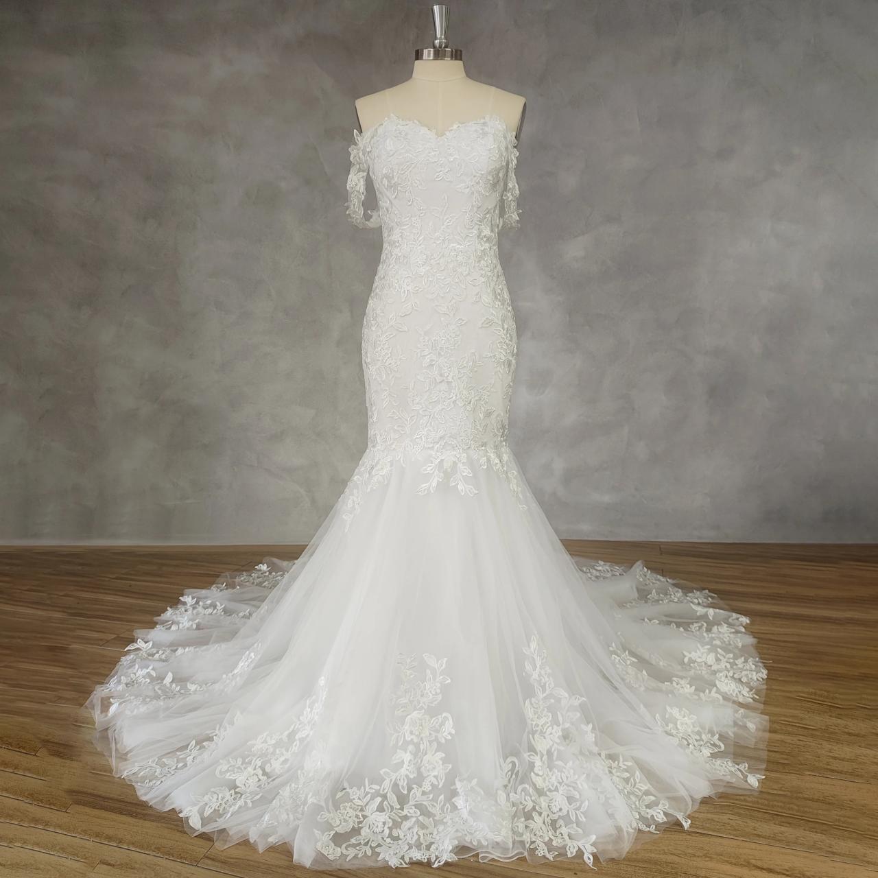 Gorgeous Mermaid Off the Shoulder Sequins Lace Wedding Dresses with Sleeves main image 1