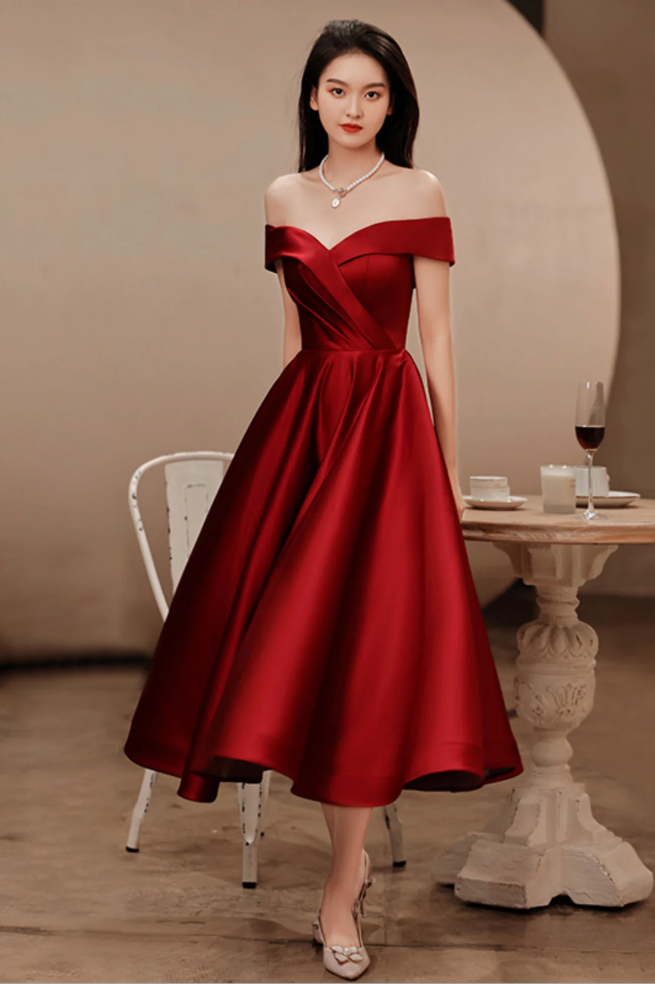 Burgundy Satin Short Prom Dresses, Off The Shoulder Evening