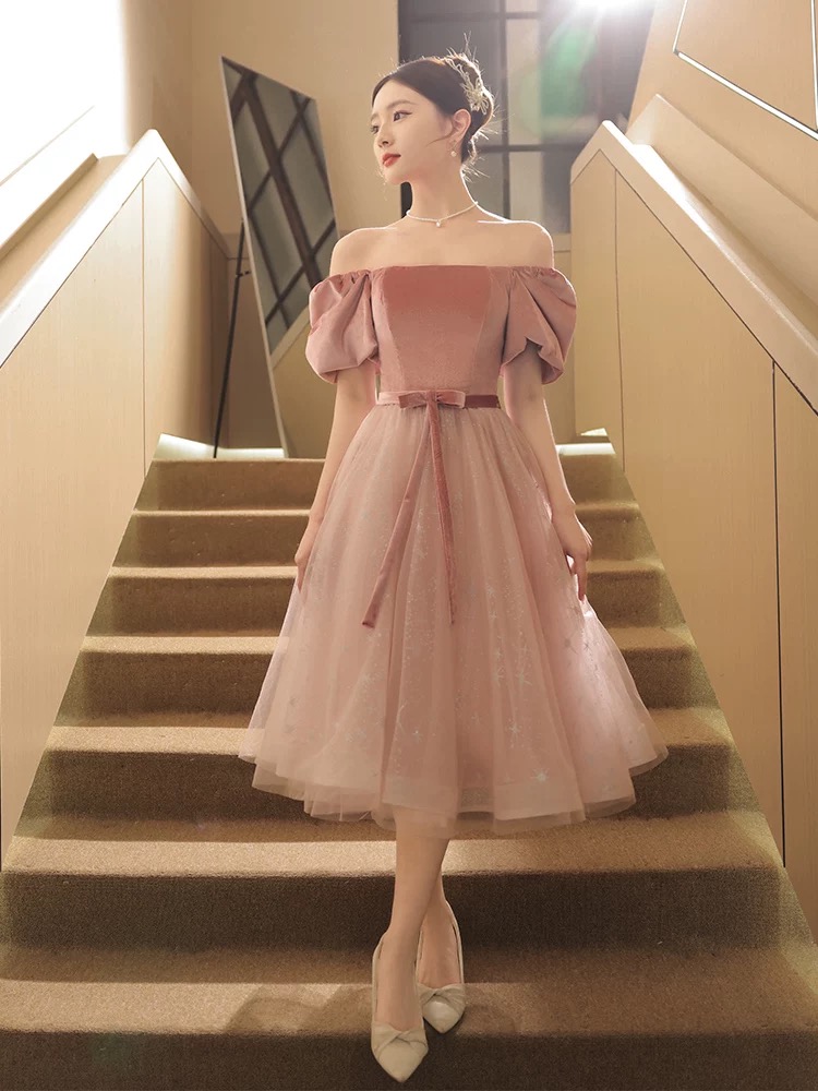 Off The Shoulder Evening Dresses Pink Party Dress Sweet Graduation Dress