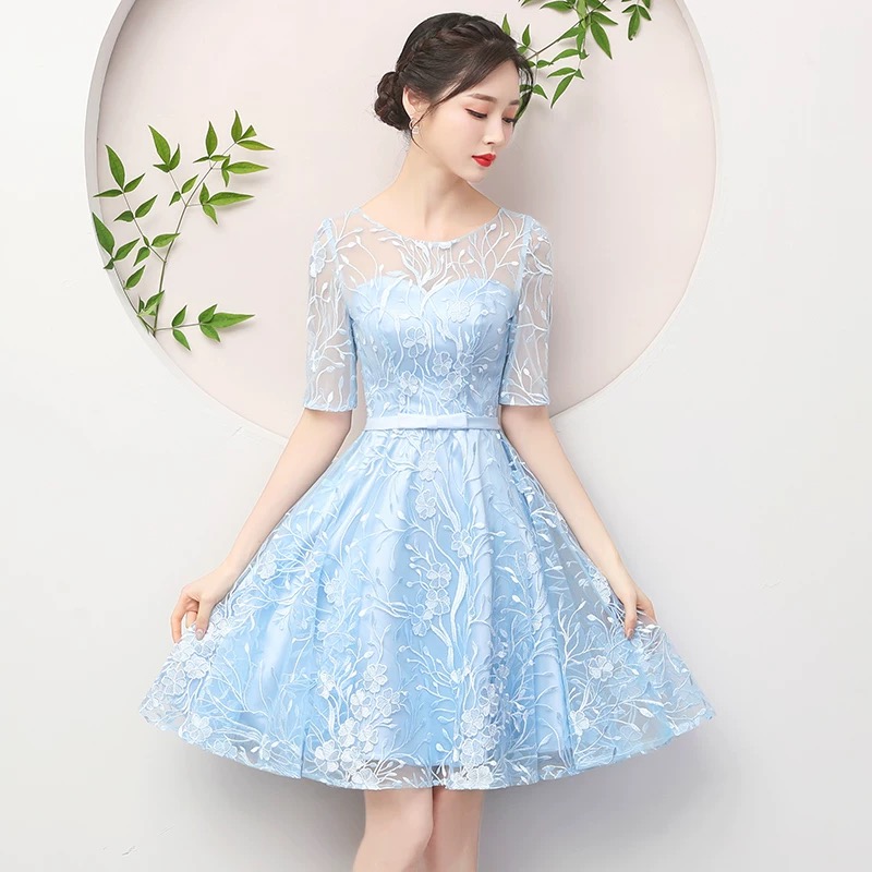 O- Neck Bridesmaid Dress Floral Party Dress Cute Blue Homecoming Dress on  Luulla