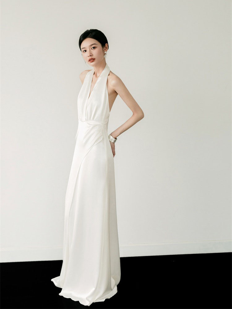 White Bridal Dress ,Halter Neck Prom Dress,Sexy Satin Evening Dress