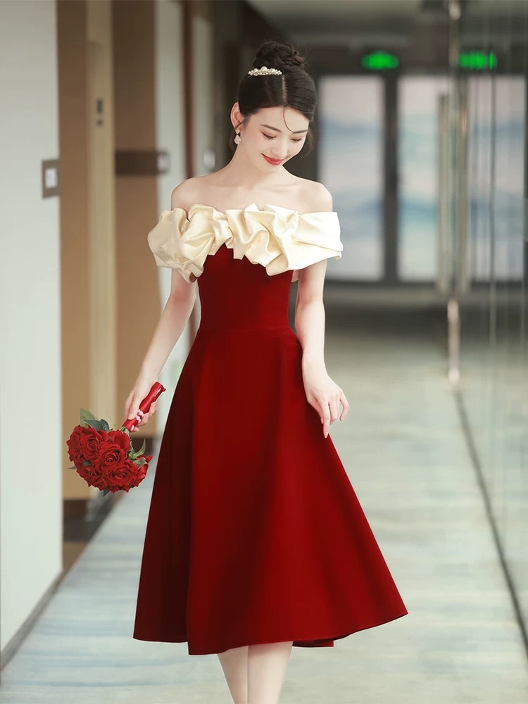 Green Velvet Tea Length Dress Off Shoulder Bridesmaid Dress Red Party Dress  Sweet Midi Dress On Luulla