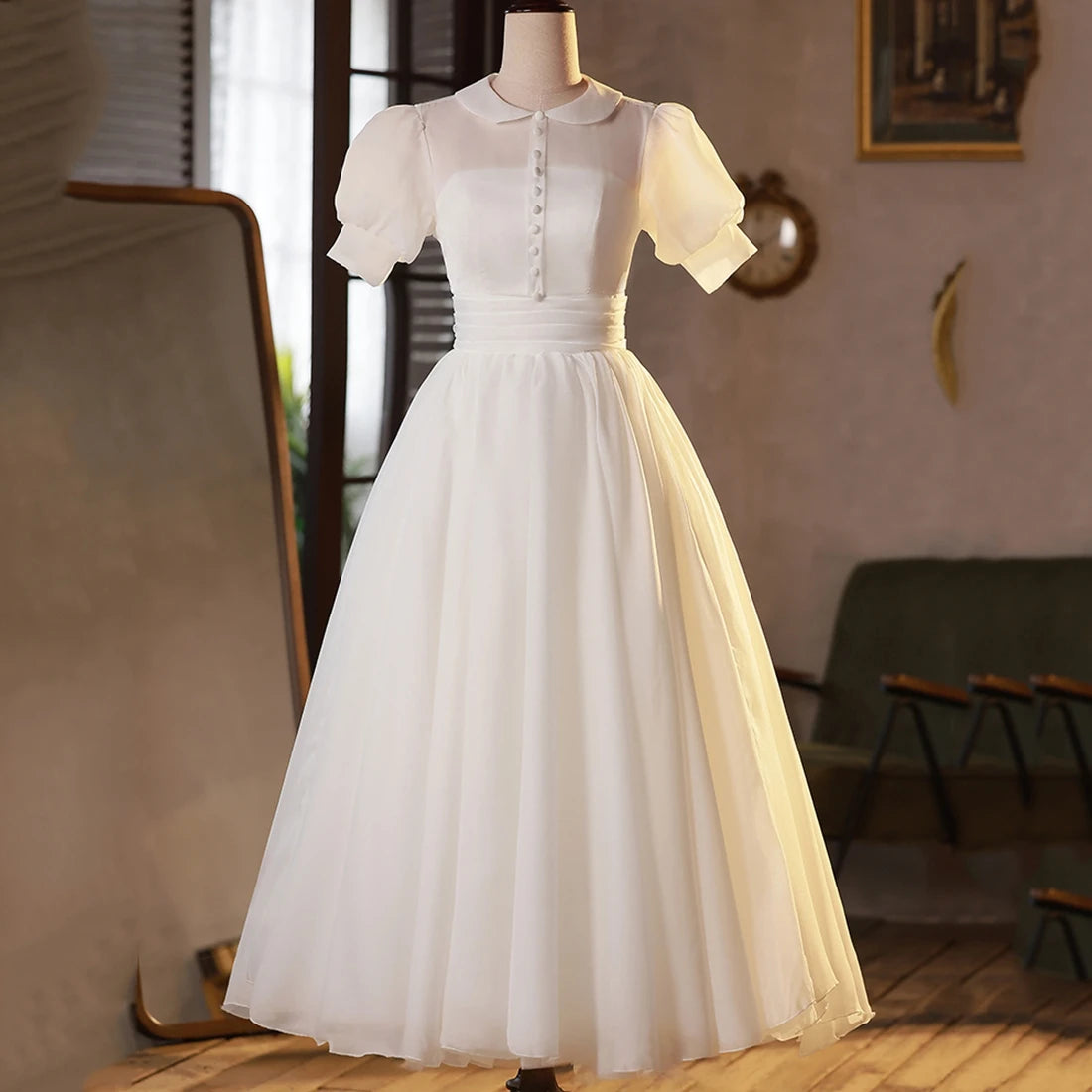 Vintage White A-Line Dress with Puff Sleeves