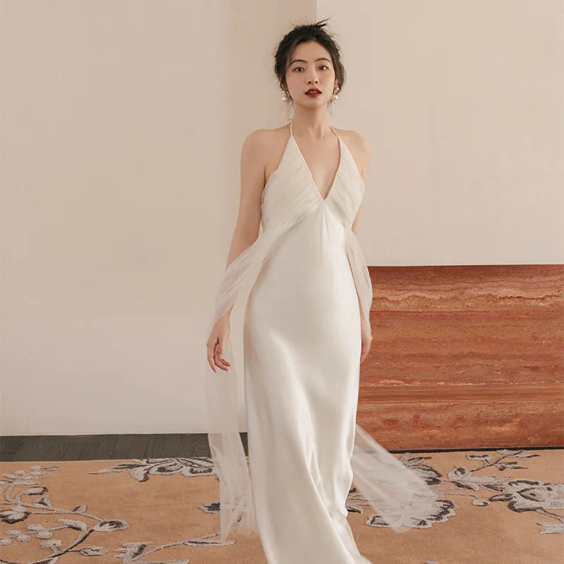 Chic Satin Halter Gown With Flowing Design